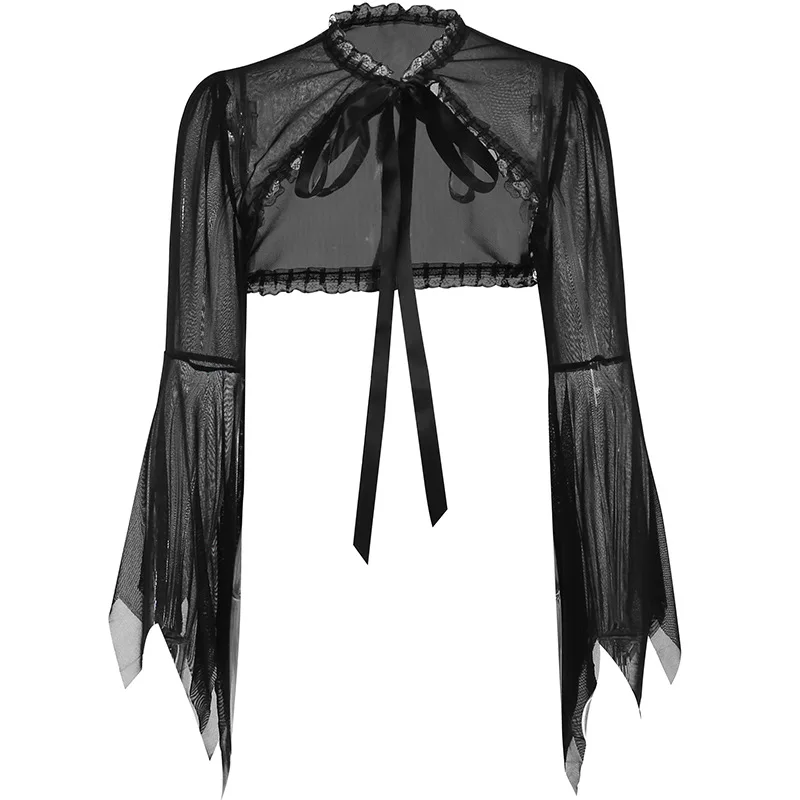 Stand collar lace stitching lace-up blouse Gothic punk dark style short sheer top for women