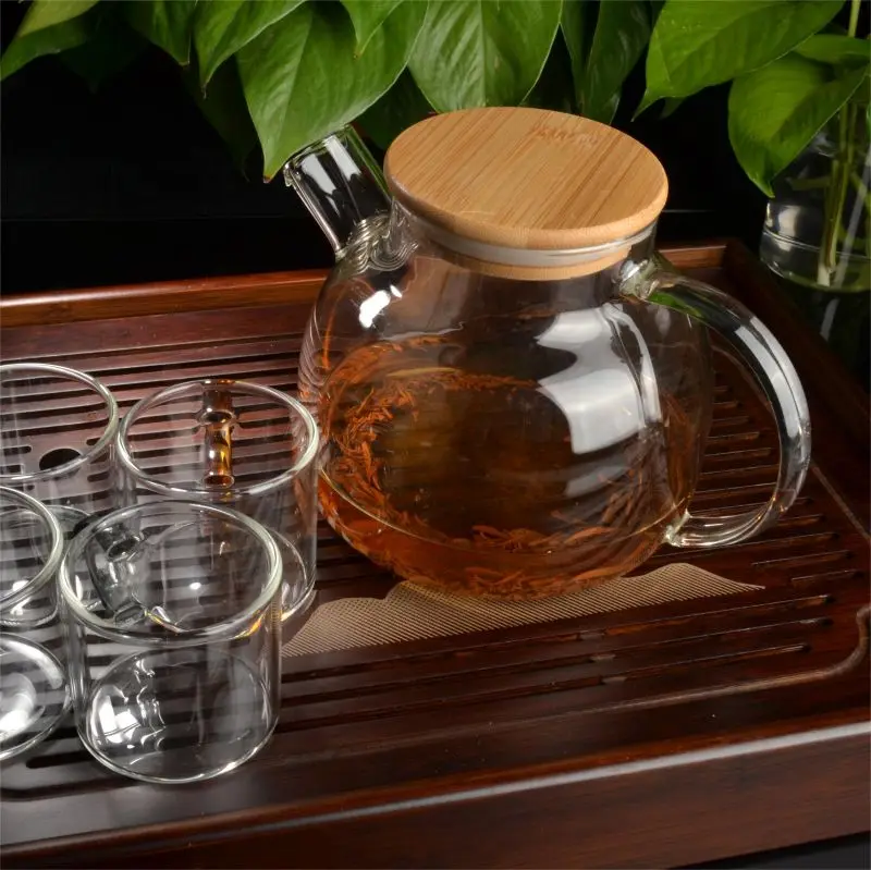 Hot Selling Glassware 1L High borosilicate glass coffee pot with Bamboo Lid glass teapot
