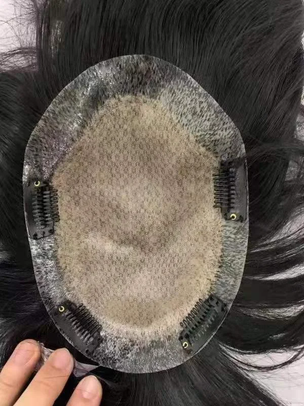 Natural Silk Base PU Around Men Extension Stock Human Hair Silk Clip in Fashion Spiky Toupee Human Hair Wig