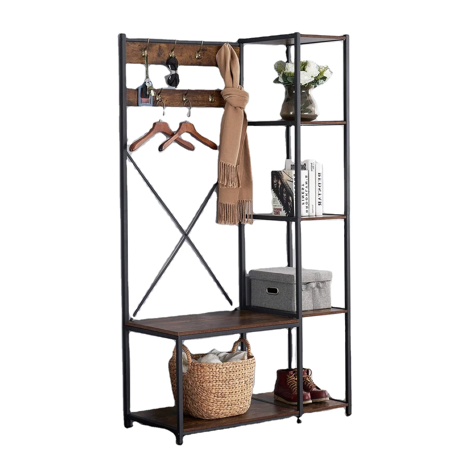 Living room entryway furniture vintage coat stands standing wooden clothes Hall tree coat racks with shoe storage rack