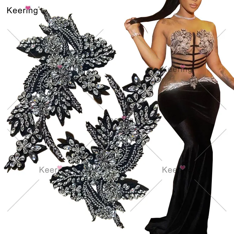 WDP-296 Keering Deluxe Blazer Patches Prom Dress Clear Rhinestone Crystal Bodice Applique On Black Mesh For Man Women
