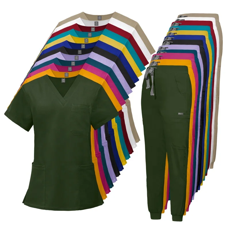 OEM Own Logo V-neck Pockets Stretchy Spa Uniforms Nurse Set Jogger Mango Yellow Surgical Uniforms Nursing Scrub Jogger Pants