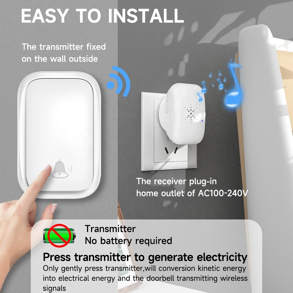 Factory Wholesale OEM Battery Free Doorbell  Wireless Long Distance Self Powered Electric Generators Kinetic Door Bell