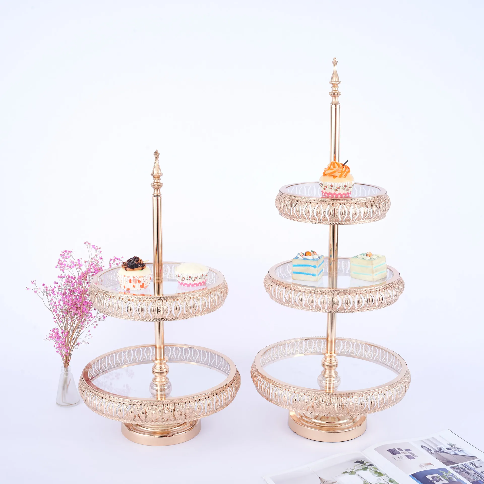 3 Tier Hotel European Metal High-foot Cake Stand Creative Breakfast Dessert Rack Glass Cake Holder Silver Gold Cake Stand