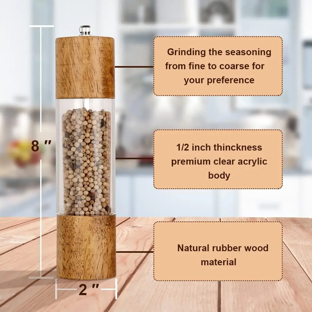 Premium Acrylic Salt and Pepper Grinder Set, Manual Salt and Pepper Mills- Wooden Pepper Shakers with Adjustable Ceramic Core