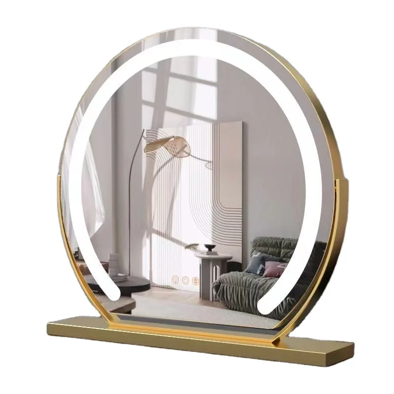 High Definition 360-Degree Rotating Desktop LED Makeup Vanity Mirror Silver Metal HD Three-Color Lighting Home Use