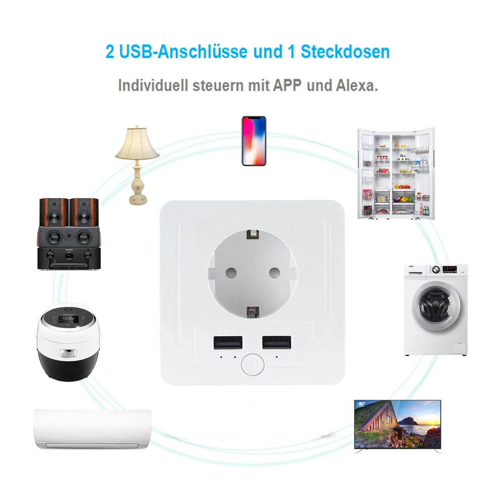 European smart home automation device with USB interface white WiFi Xenon graffiti Amazon Google switch plug socket