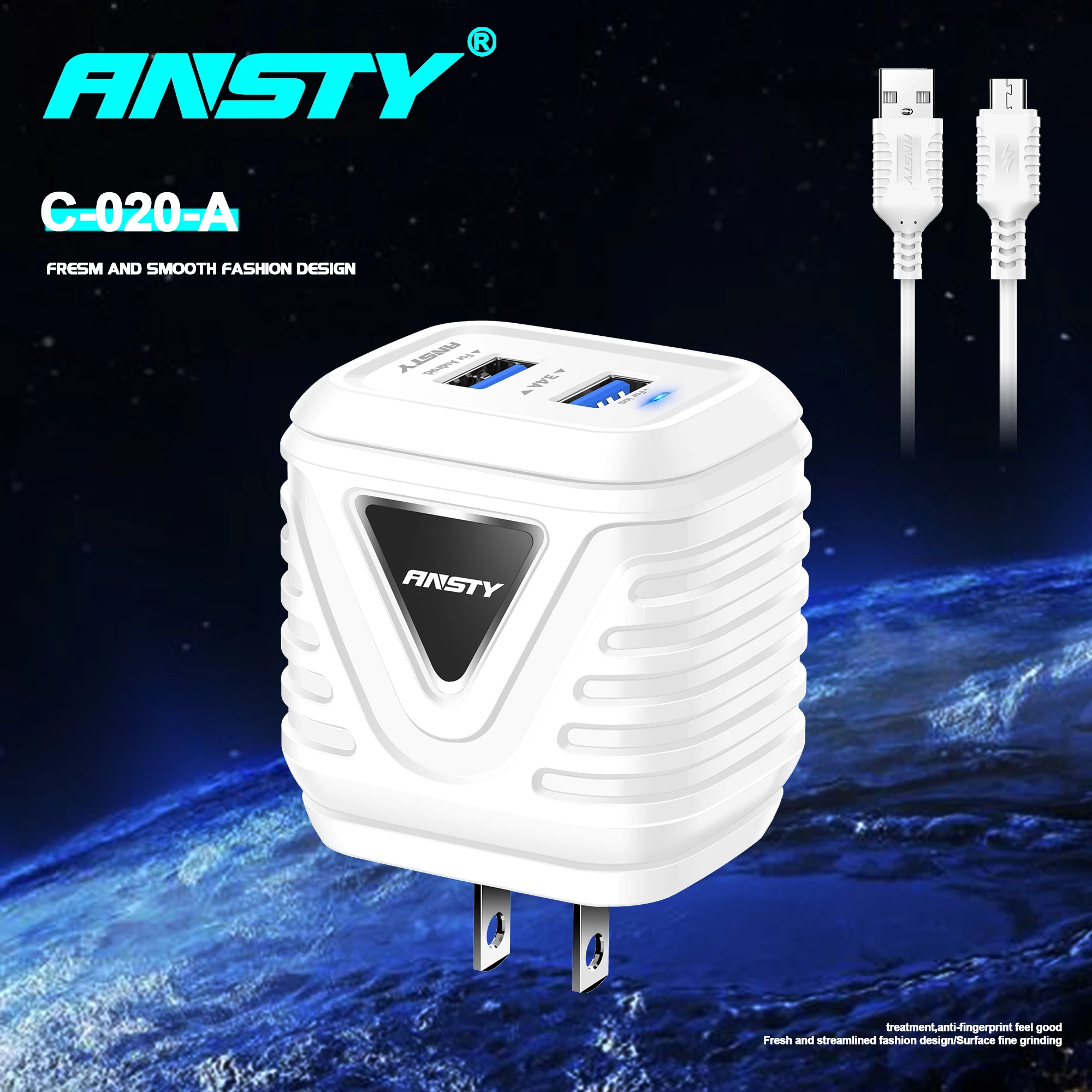 Ansty C-020 США светодиодное зарядное устройство с 2USB 3.4A стабильная зарядка прочный ПВХ кабель корпус совместим для iPhone и Android планшетов