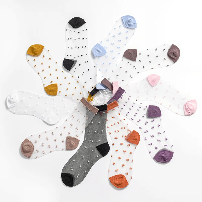 Summer High Quality Fashion Dots Silk Glitter Star Soft Crystal Transparent Elastic Lace Sheer Socks Women