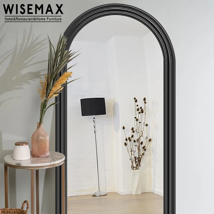 WISEMAX FURNITURE Modern home decor Cream wooden edge full length mirror Oval top right angle base floor mirror for living room