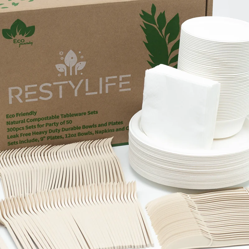 Cheap Price Wholesale 300pcs Tableware Set Compostable Sugarcane Bagasse Cutlery for Party and Go Out Picnic with Plates Bowls