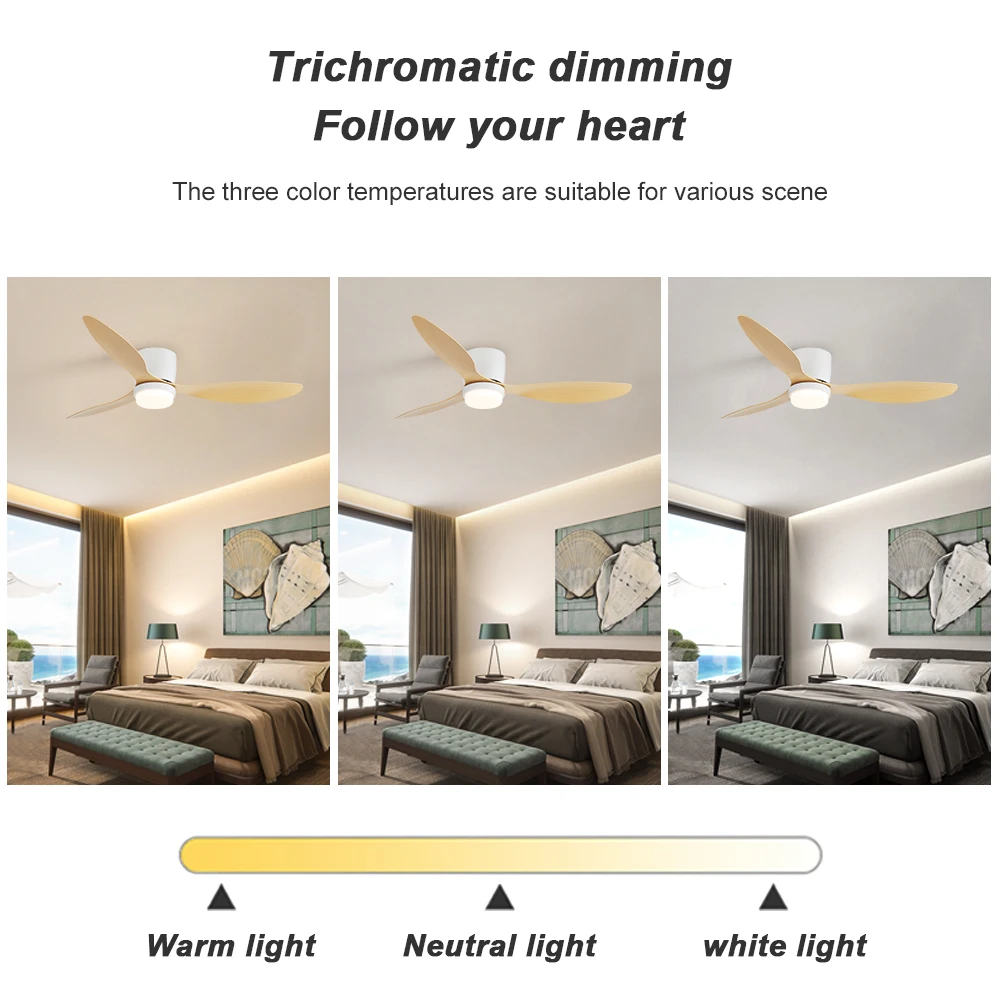 2024 New Ceiling Fan Bedroom Decorative Natural Wood Blades Inverte 3 Color LED Light Ceiling Fan With Remote