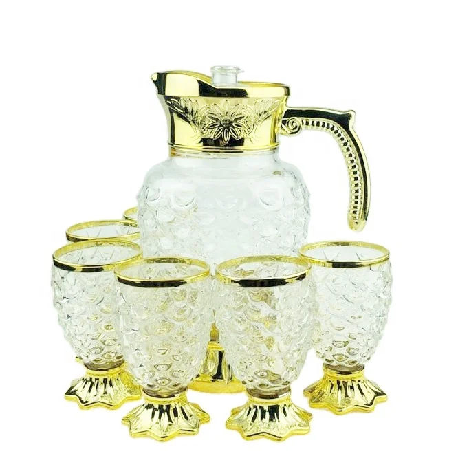 1.6L clear glass round water jar and 150ml glass cup set electroplate gold colour drinkware home bar dinning glassware
