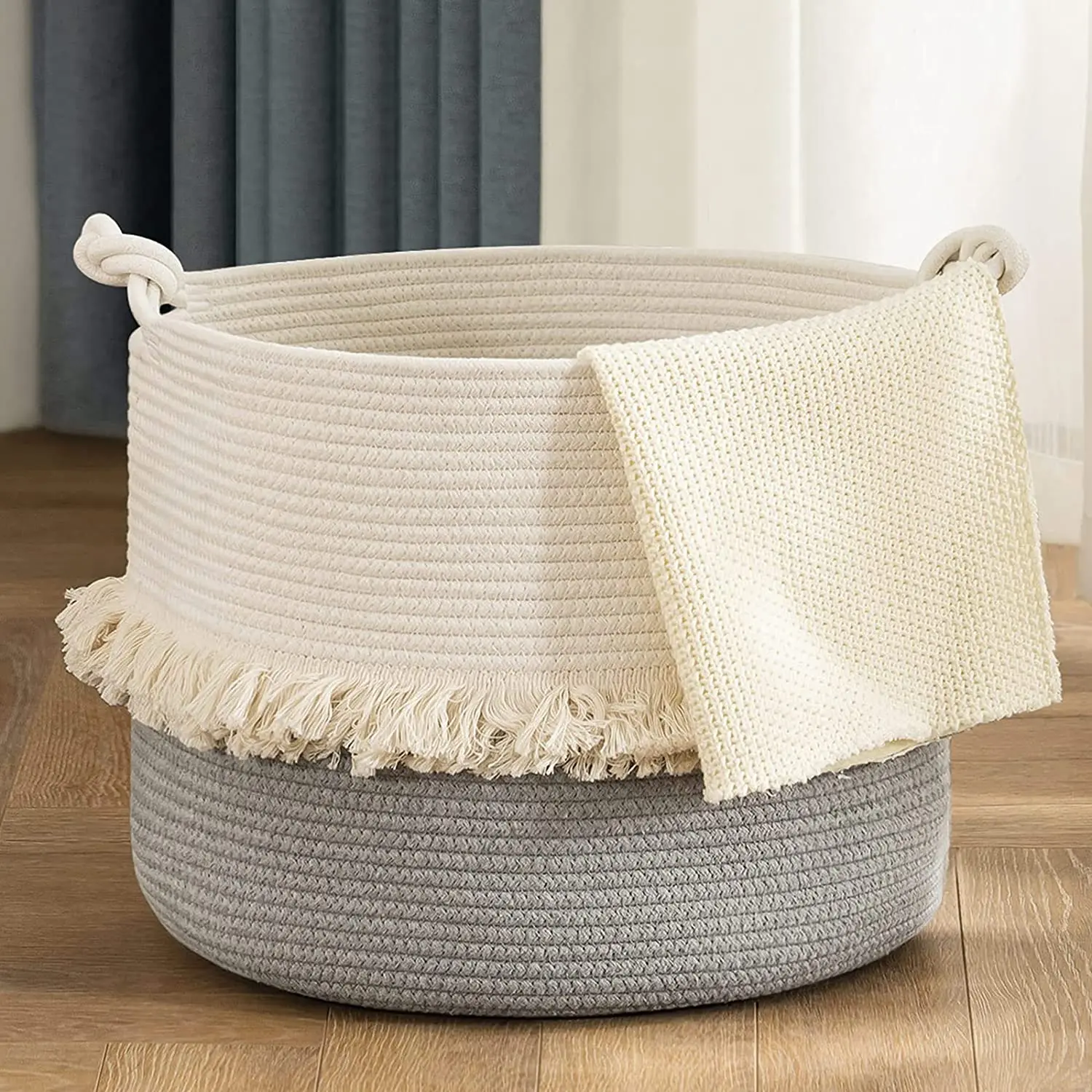 QJMAX Decorative Woven Cotton Rope Storage Basket With Cute Knot Handles