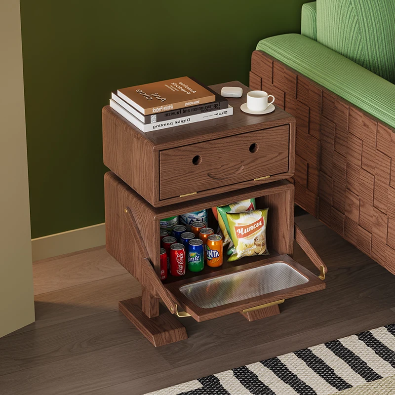 Solid Wood Retro Style Robot Bedside Cabinet with Rattan Small Bedroom Storage Cabinet