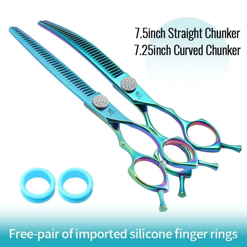 Fenice 7.25 Inch Professional JP440C Brilliant Diamonds Screw Curved Chunker Scissors Thinning 70% Pet Grooming Shears for Dogs