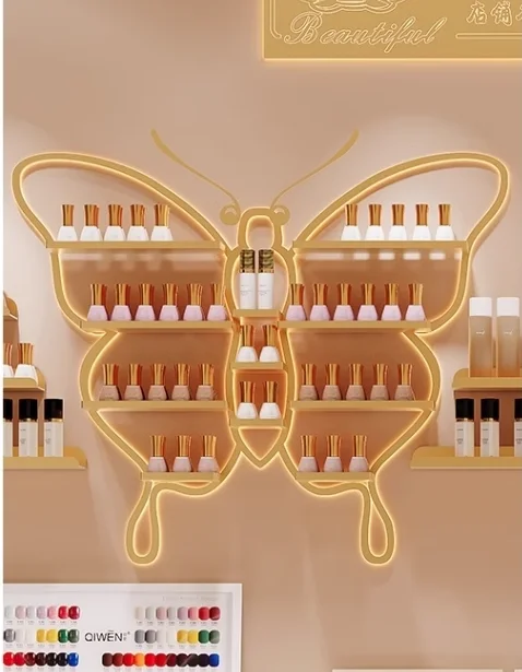 Salon Furniture Wrought Iron butterfly-shaped Manicure Shelf Wall Hanging Nano Gold Wall Rack Nail Polish Display Stand