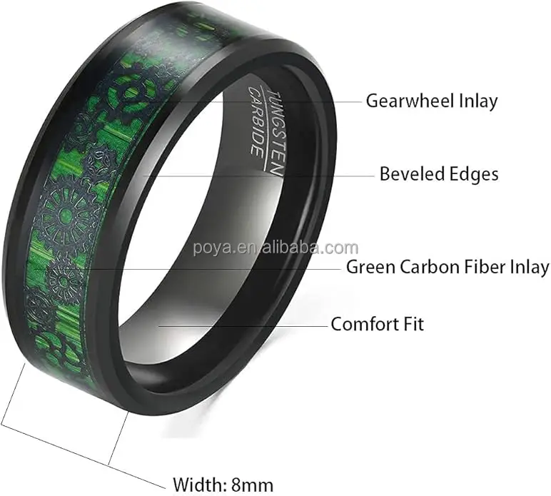 POYA Jewelry 8 mm Black Tungsten Carbide Wedding Engagement Ring Steampunk Green Carbon Fibre Gear Inlay Bevelled Edge Men Gift