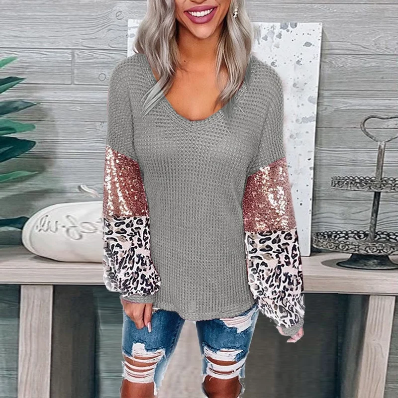 
Wholesale Monogram 2021 Waffle Patchwork Sequin Sleeve Ladies Top,Sequin Leopard Sleeve Women Sweater 