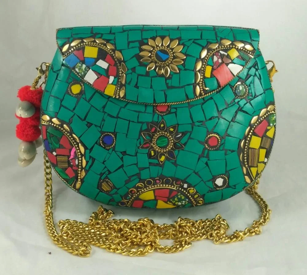 New Style Luxury Yellow Multi Stone Mosaic Metal Stylish Clutch Bag Evening Bag Woman Handbag Elegant Top Classic Fashionable