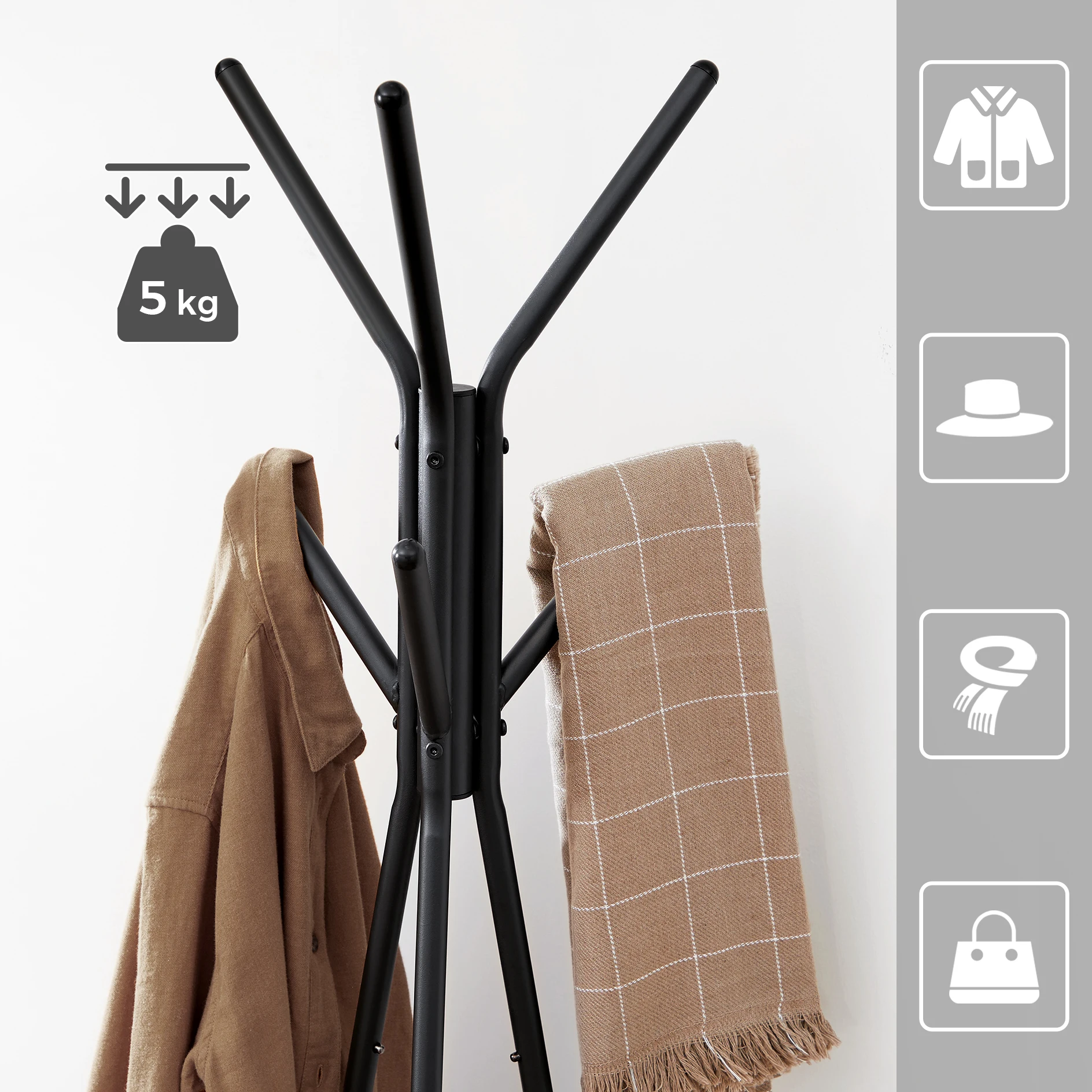 VASAGLE Hall Tree with 2 Shelves for Clothes Hat Bag Freestanding Coat Hanger Stand Coat Rack