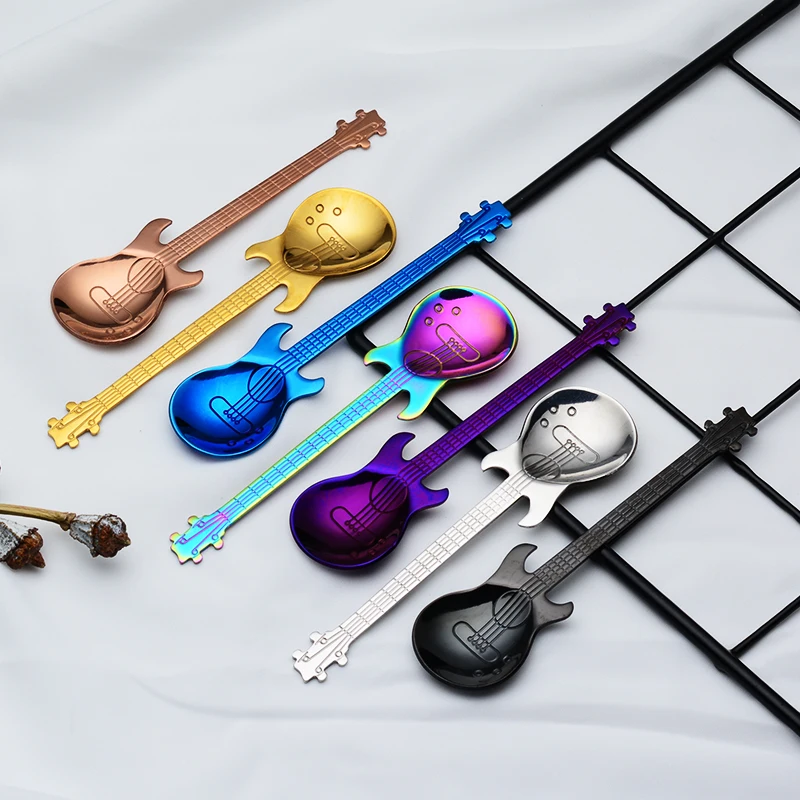 
Unique Guitar Shape Colorful Stainless Steel Small Coffee Spoon Dessert Sugar Spoon Flatware Cutlery Set for Party 
