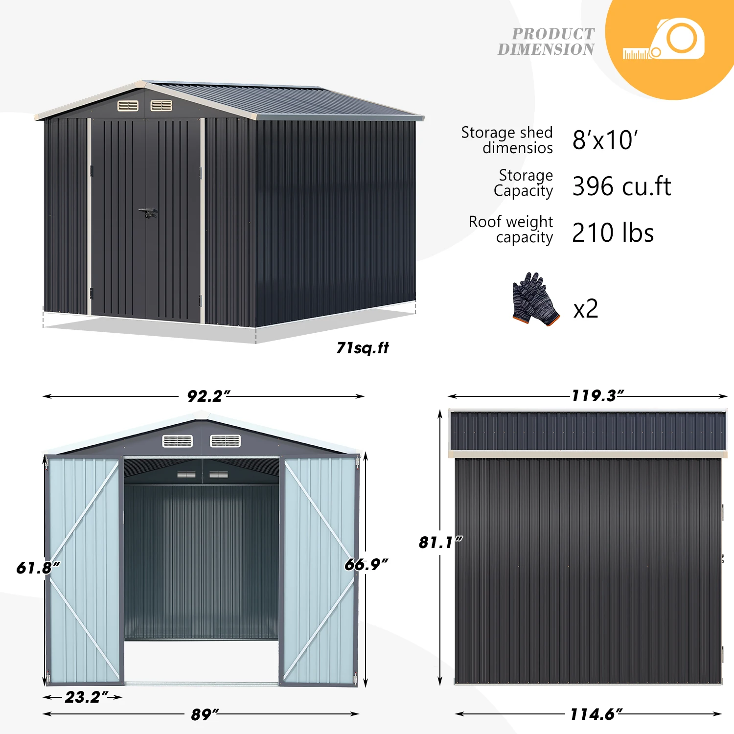 Outdoor Steel Metal Storage Shed with Floor Frame Foundation Base Kit Gray Tool Utility for Garden Backyard Lawn