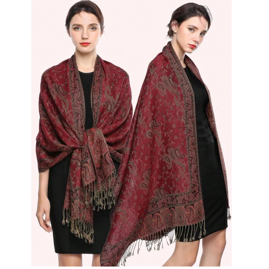 Fashion Vintage Muslim Wrap Tassel Jacquard Scarf Bandana Pashmina Hijab Ethnic Paisley Embroidered Shawl For Women