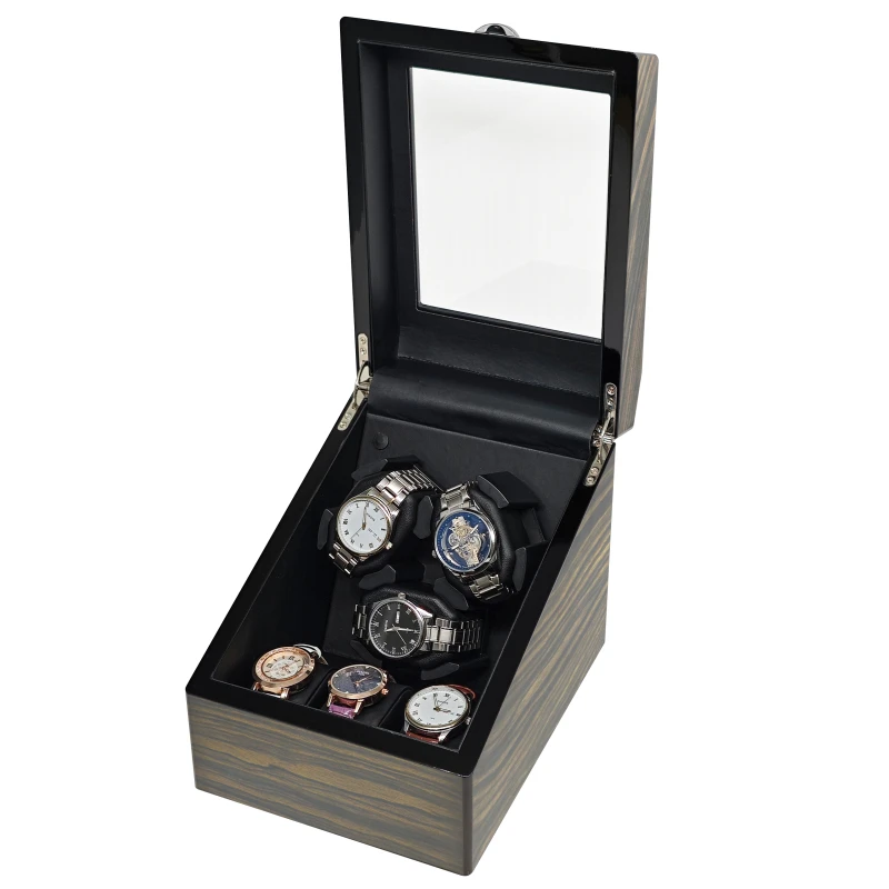 Auto-Stop LED New Golden Sandalwood Wood Color Lacquered 3+3 Watch Winder Box