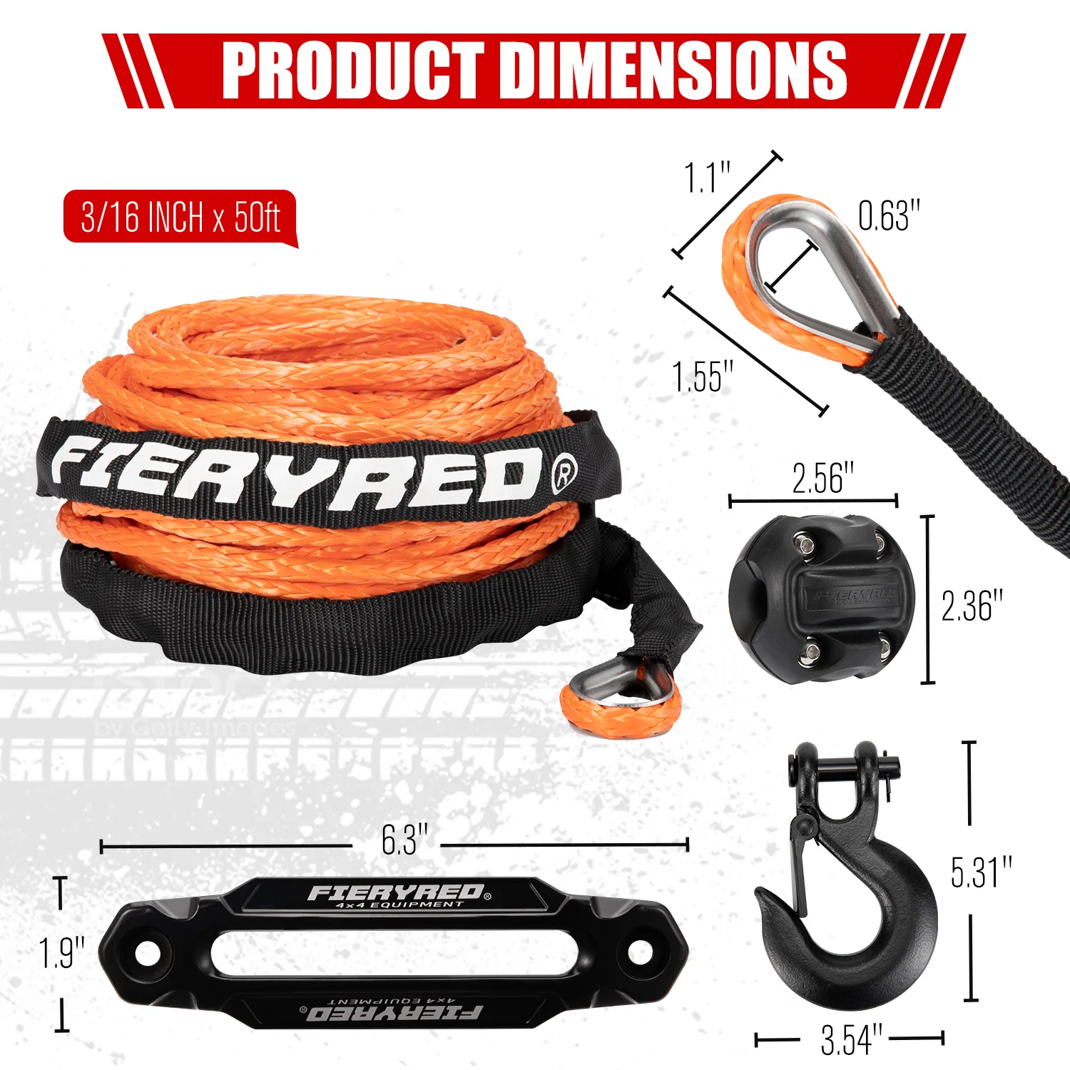 FIERYRED High Strength 4x4 Off Road UHMWPE 8200Ibs 3/16 inch x 50 ft Synthetic Electric Winch Rope