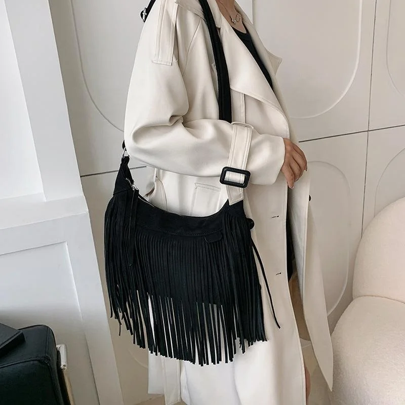 WB67 2024 trendy Bohemian Vintage Women Tassel Hobo Shoulder Bag Purses Trendy Suede Leather Fringed Crossbody Bags