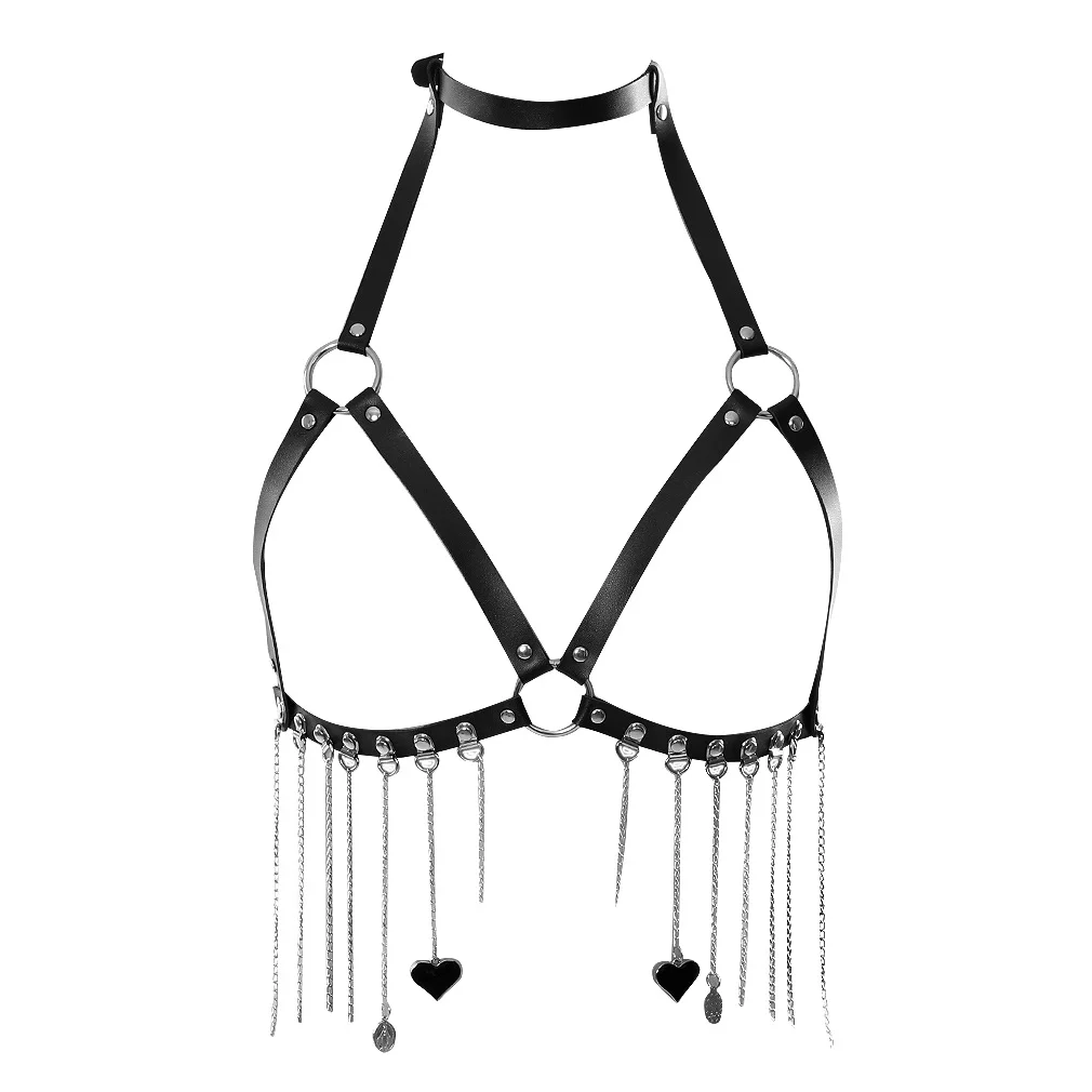 Custom Women Sexy Punk Heart Tassel Pendant Body Bound Leather Harness Bra Role-Play Queen Tune SM Fashion Sexy Harness Bra