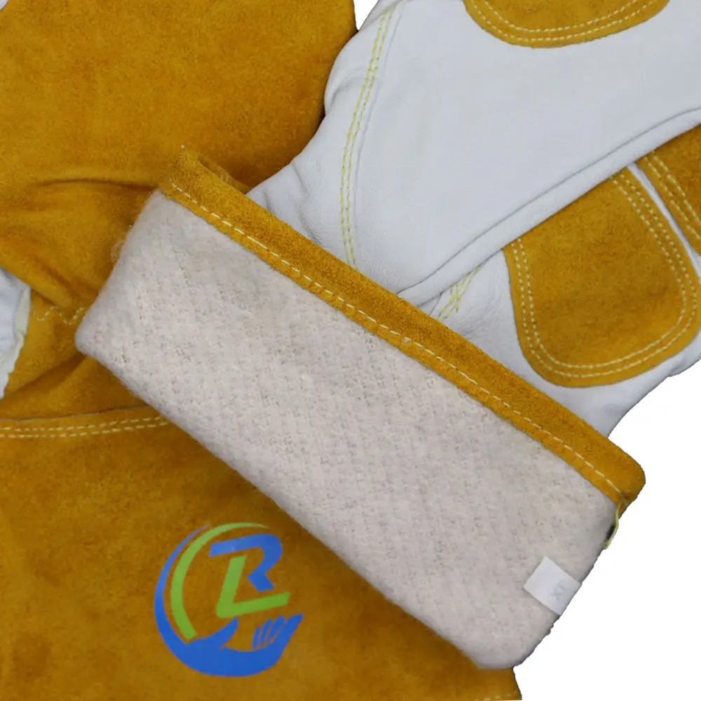 TIG MIG Welding White Yellow Argon 14 Inch Top Cow Split Cuff Sheep Palm Leather High Dexterity Extra Electric Gloves