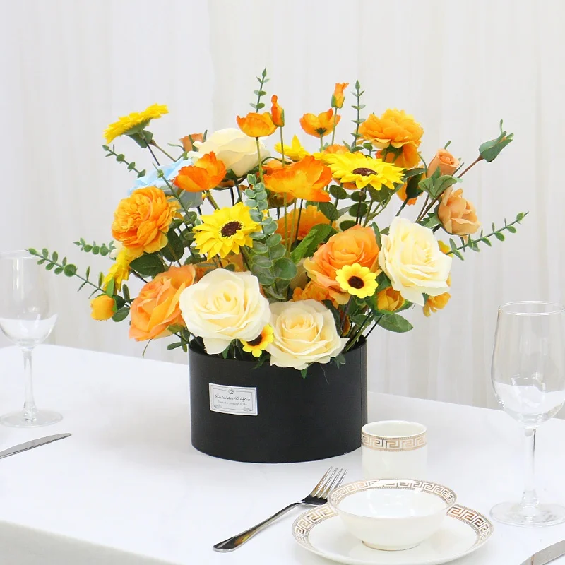 Round Hug Bucket Flower Box Festival Gift Artificial Sunflower Rose Orchid Bouquet Wedding Party Decor Table Centerpieces Floral