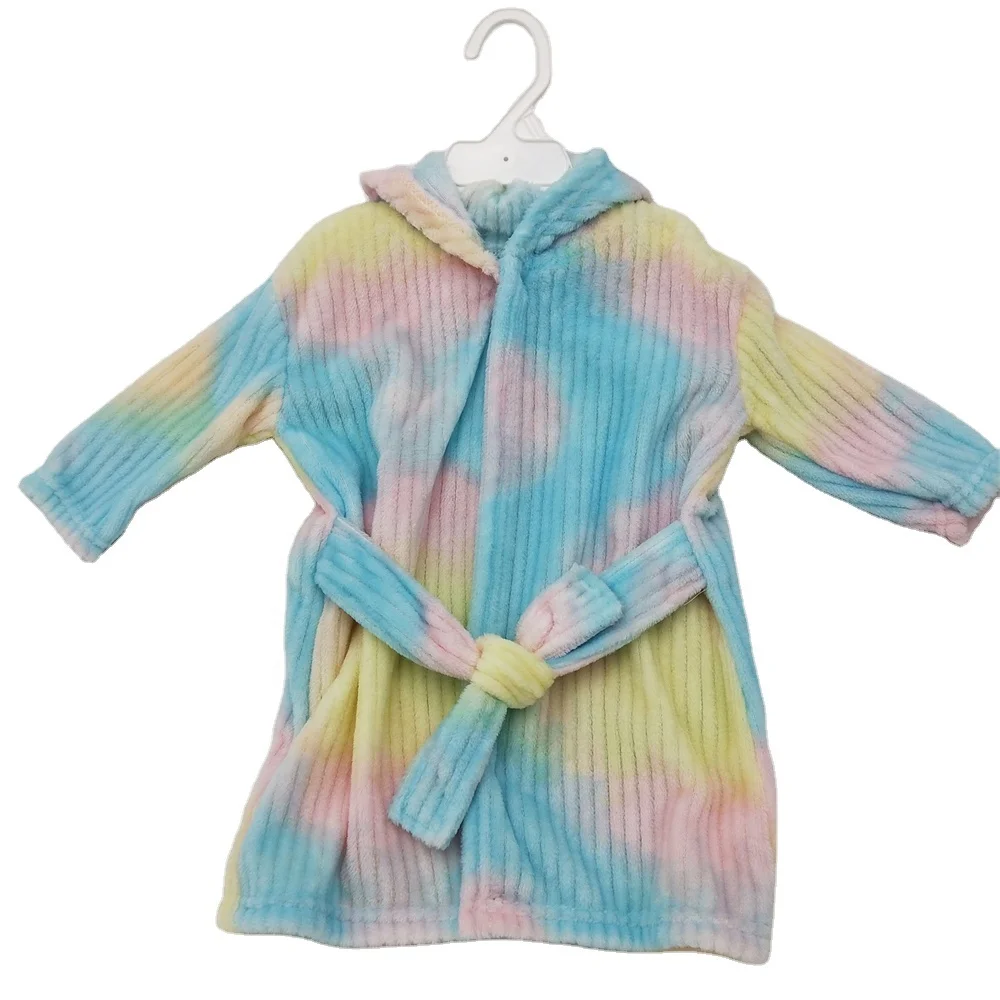 Wholesale High Quality Soft Plush Hooded Cute Colorful Gradient Baby Fleece  Bath Robe With Belt Pajamas for Kids