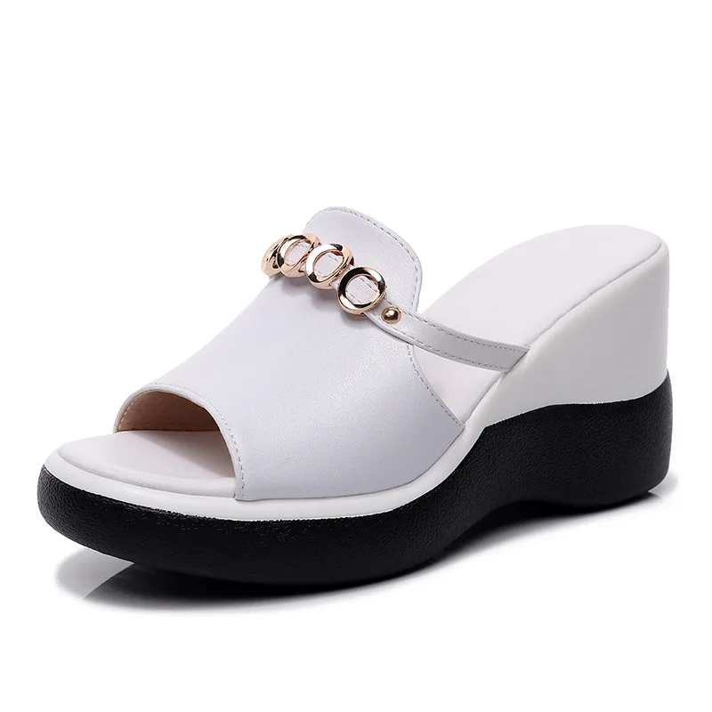 summer footwear new styles products trending genuine ladies pure leather wedge slippers for women and ladies