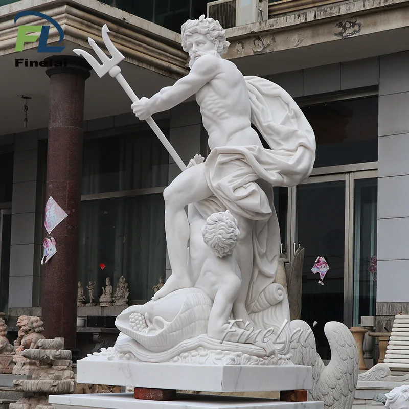 Finelai Famous outdoor garden stone life size white Marble Poseidon Greek God Statue sculpture