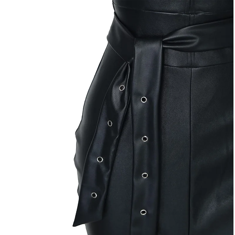 Backless pu leather dress women top split black tight evening dress Sexy night outfit club bottom cut bodycon belted dresses ves