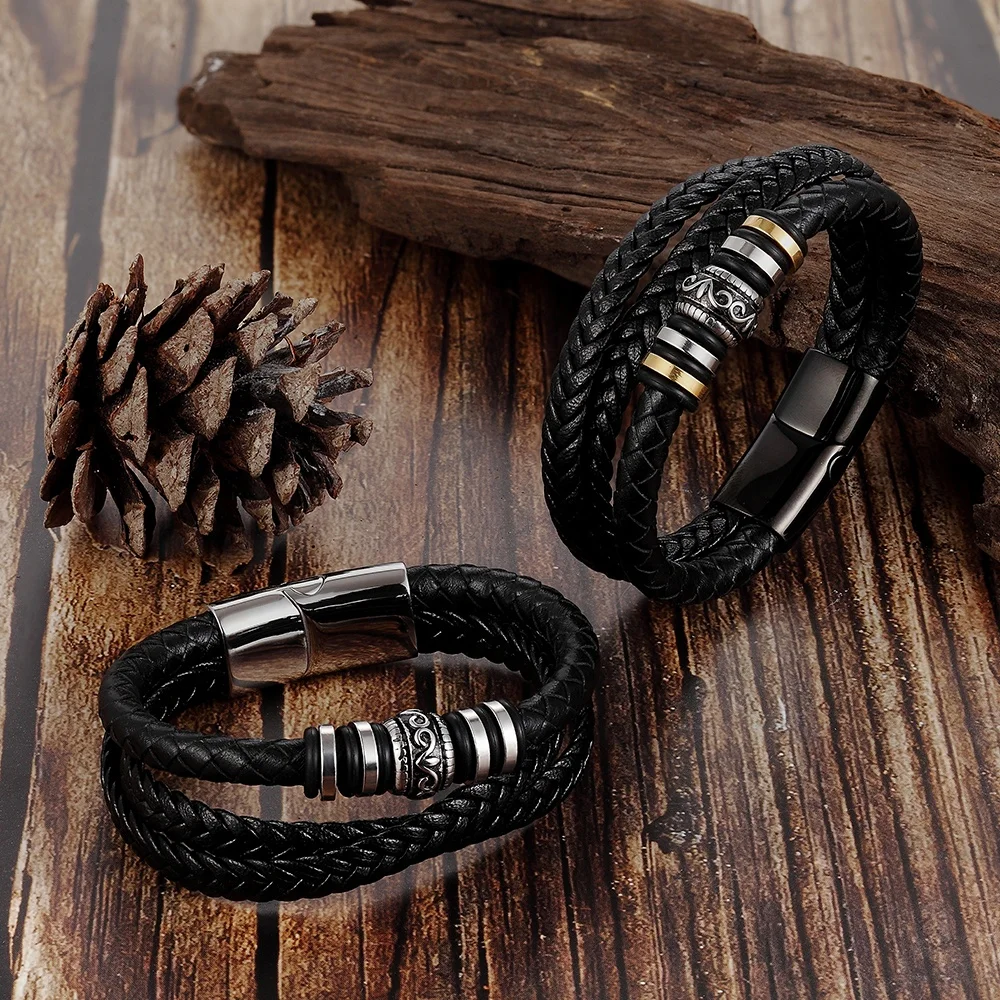 Trendy 2019 men fashion brown black Genuine Leather magnet close Cuff  costume  bracelets