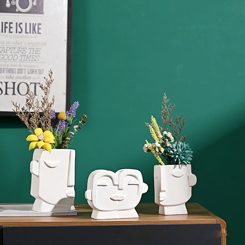 Hot Sale Nordic Modern White Human Face Ceramic Vase For Home Decor Office Table Top Porcelain Flower Pot Accessories