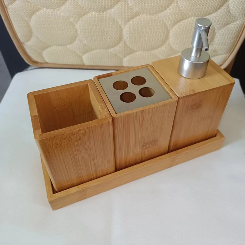 Vanity luxury bathroom 4-piece essentials accessory set bamboo bath accessory set