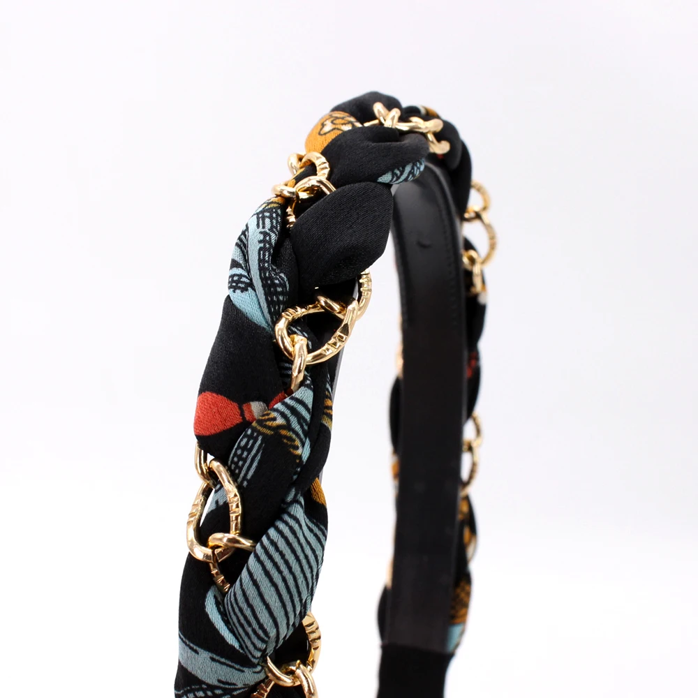 IFOND Vintage Metal Chain Hairbands Satin Fabric Printed Bowknot Ribbon Headbands Fpr Women Makeup