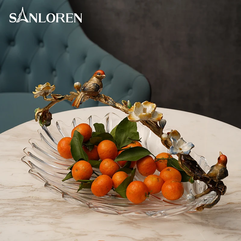 SANLOREN Luxury Home Bird Flower Tabletop Decoration Crystal Glass Enamel Painting Gift Dry Dessert Nut Serving Fruit Tray Bowl