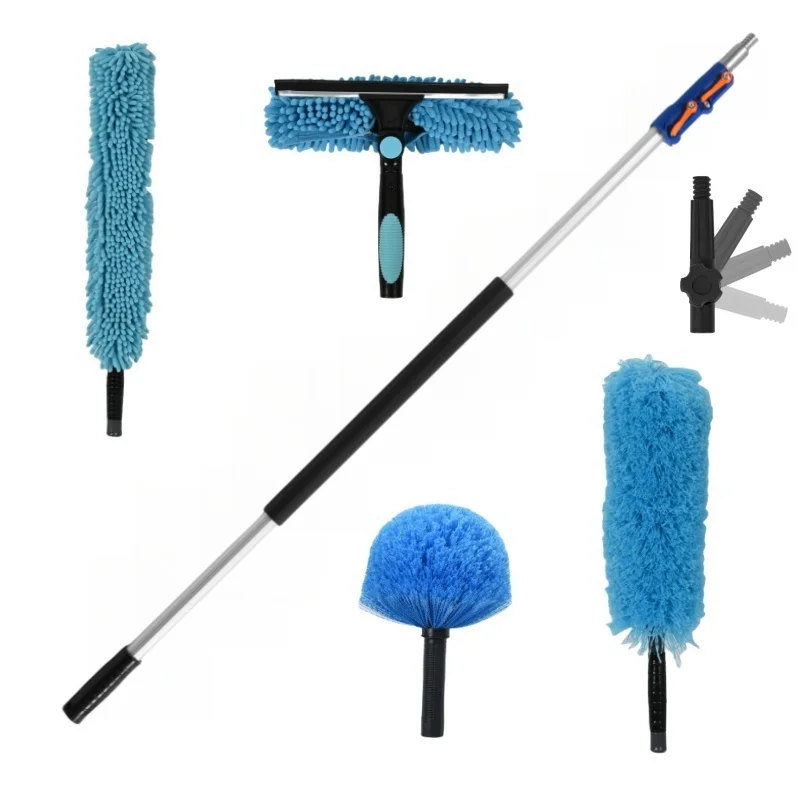 12FT 18FT 24FT 30FT telescopic extension pole 6pc Duster Set Cobweb Microfiber Feather ceiling Fan Duster window brush Squeegee