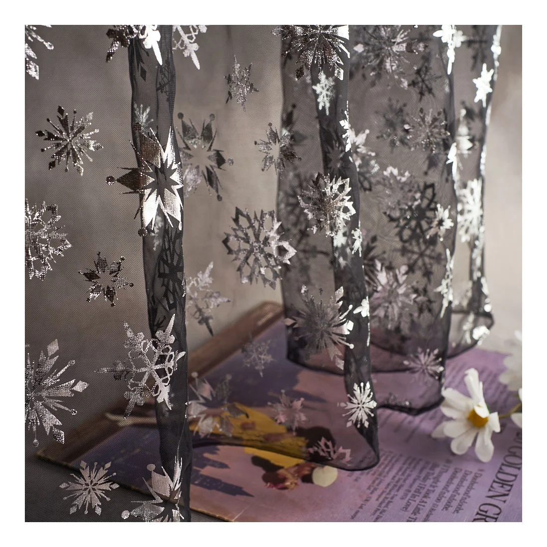Textile Sheet Soft Lace Silver Snowflake Hot Stamping Foil Tulle Mesh Fabric For Girls Dress