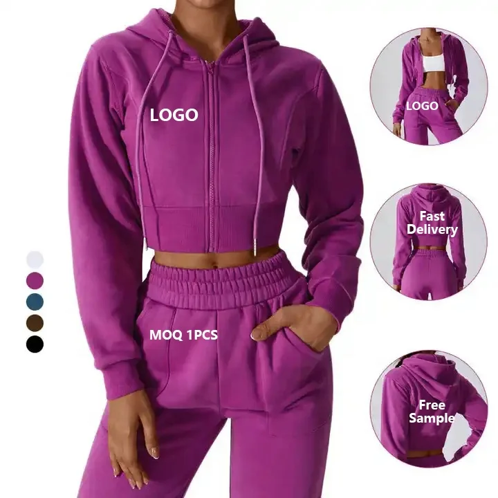 Custom Sportswear Blank Women Crop Top Zip Hoodies Sweatpants Jogger Sets Drawstring Hooded Sweatshirts Jogging Pants Suit