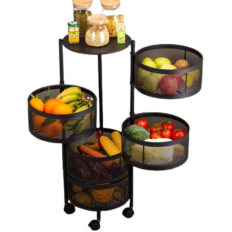 Kitchen Rotating Shelf 360 Degree Baskets Fruit Vegetable Storage Rack Floor Round Household Multi-function Shelf With Wheels