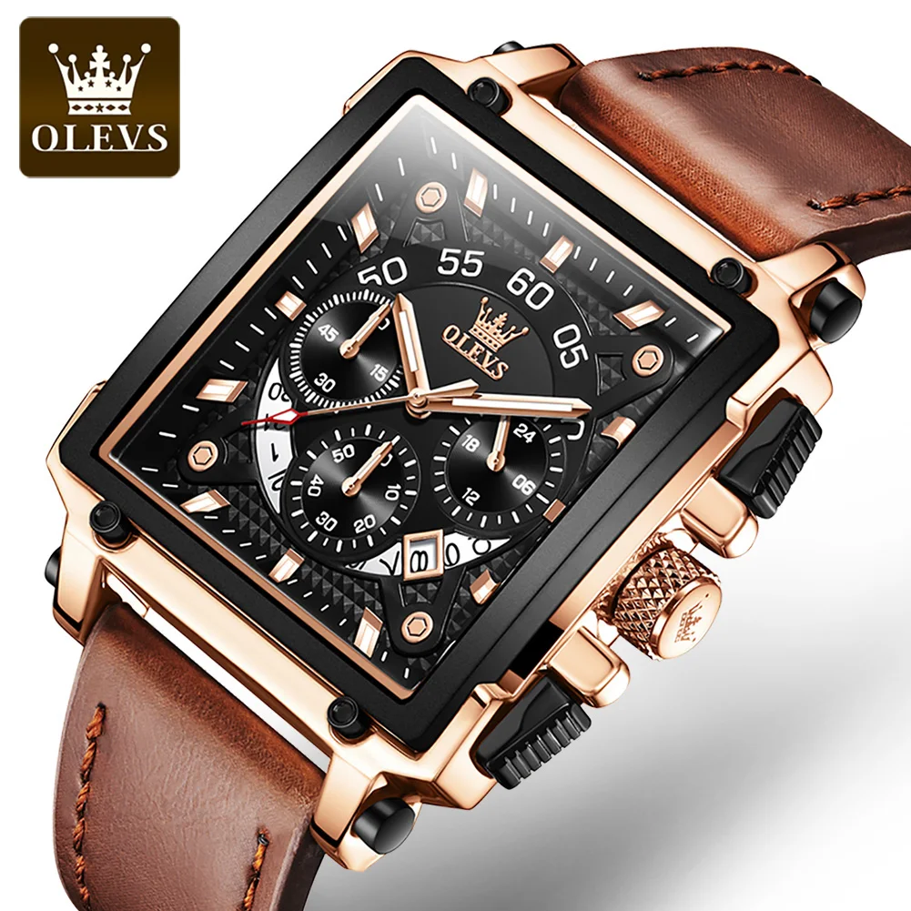 OLEVS-9919 New Luxury Men Quartz Leather Watches Square Shell Horizontal Three Eye Calendar Men Waterproof Wristwatches