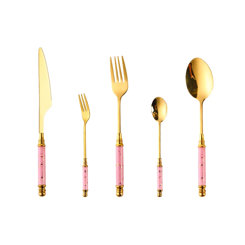 Luxury Metal reusable flatware cutlery set stainless steel 5 pcs Mirror Polish gold cutlery sets