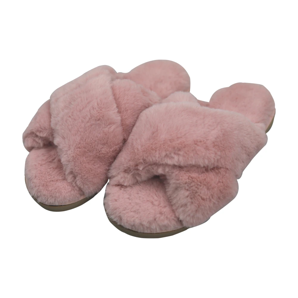 Fashionable Cross Strap Tpr Sole Winter Fluffy Fuzzy Indoor Plush Faux Fur Home Slippers For Women Lady